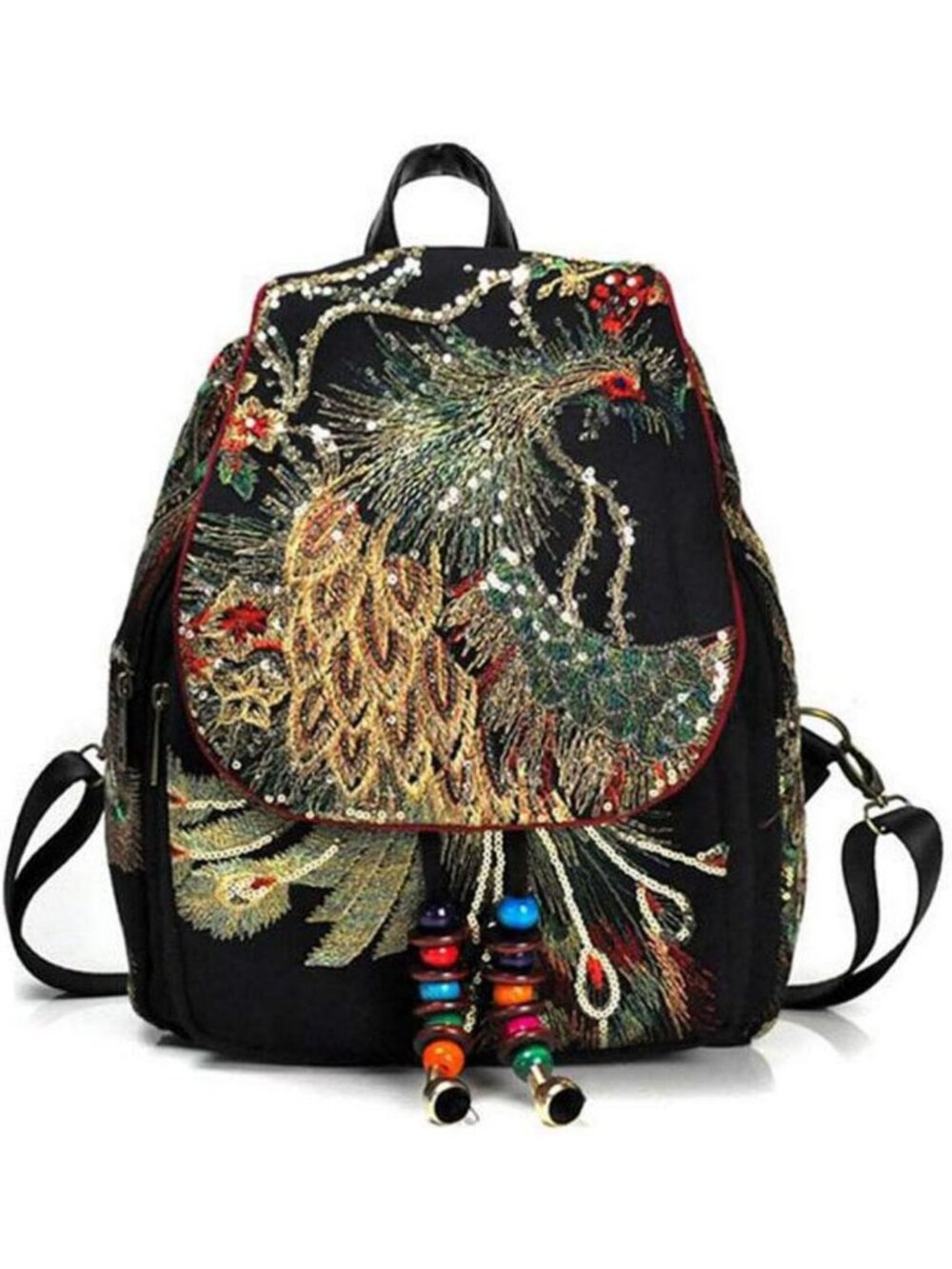 Ethnic Style Women's Backpack with Sequins & Peacock Embroidery - Canvas Travel